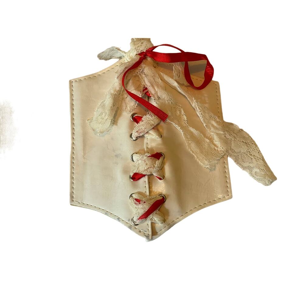 White & Red Ribbon and Lace Stretch Corset 4.5" Wide Belt SIZE L